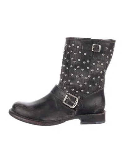 Pre-owned Frye Leather Studded Accents Moto Boots In Brown