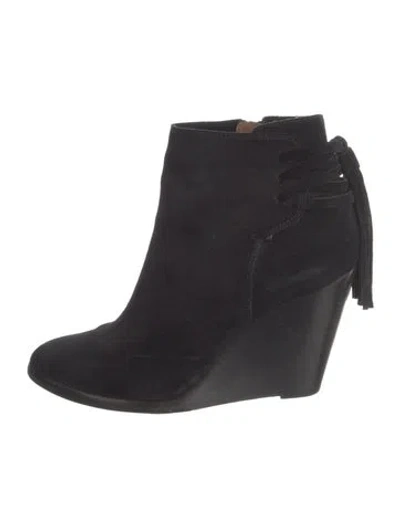 Pre-owned Frye Suede Fringe Trim Accent Boots In Black