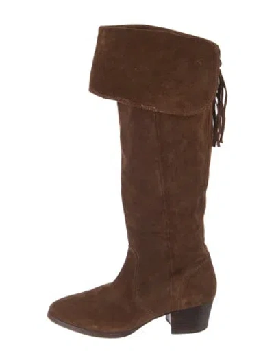 Pre-owned Frye Suede Fringe Trim Accent Boots In Brown