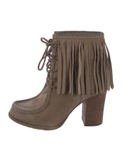 Pre-owned Frye Suede Fringe Trim Accent Lace-up Boots In Brown
