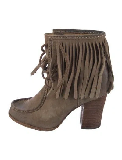Pre-owned Frye Suede Fringe Trim Accent Lace-up Boots In Brown