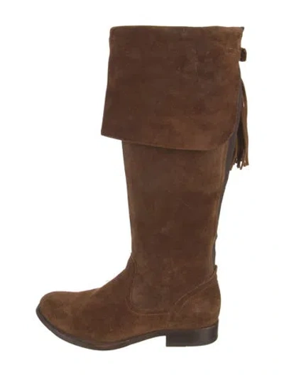 Pre-owned Frye Suede Fringe Trim Accent Riding Boots In Brown