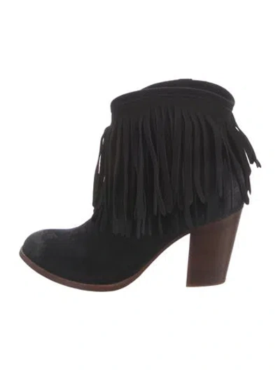 Pre-owned Frye Suede Fringe Trim Accent Western Boots In Black