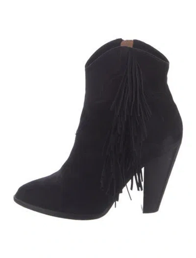 Pre-owned Frye Suede Fringe Trim Accent Western Boots In Black