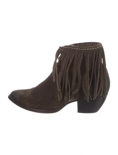 Pre-owned Frye Suede Fringe Trim Accent Western Boots In Brown