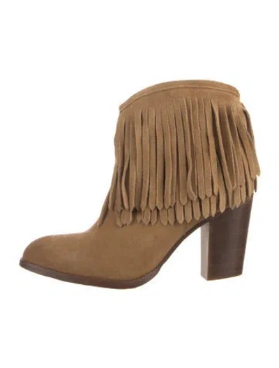 Pre-owned Frye Suede Fringe Trim Accent Western Boots In Brown