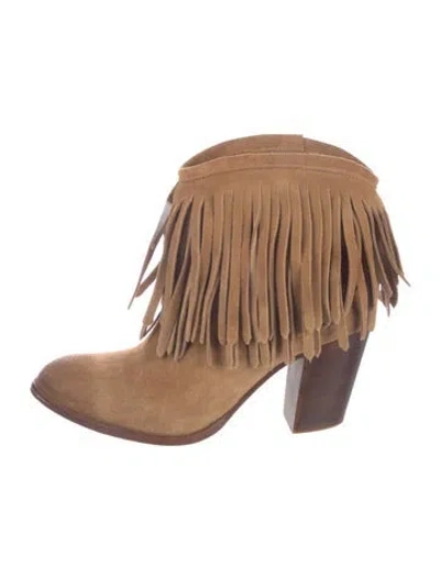 Pre-owned Frye Suede Fringe Trim Accent Western Boots In Brown