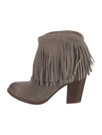 Pre-owned Frye Suede Fringe Trim Accent Western Boots In Grey