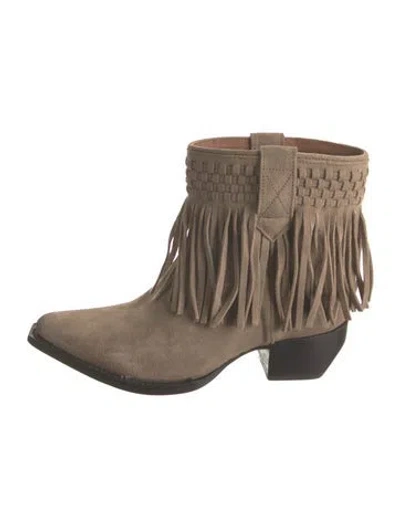 Pre-owned Frye Suede Fringe Trim Accent Western Boots In Neutral