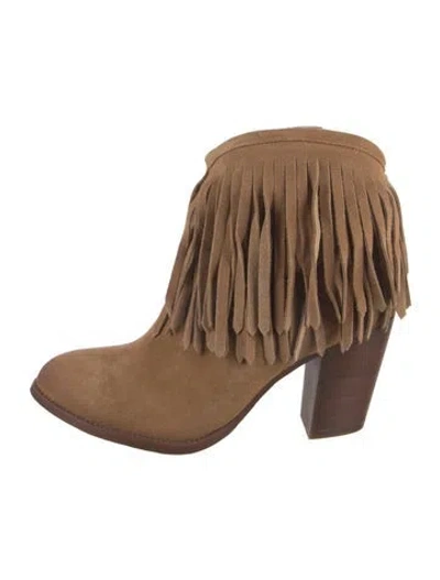 Pre-owned Frye Suede Fringe Trim Accent Western Boots In Neutral