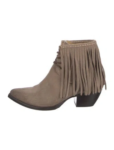 Pre-owned Frye Suede Fringe Trim Accent Western Boots In Neutral