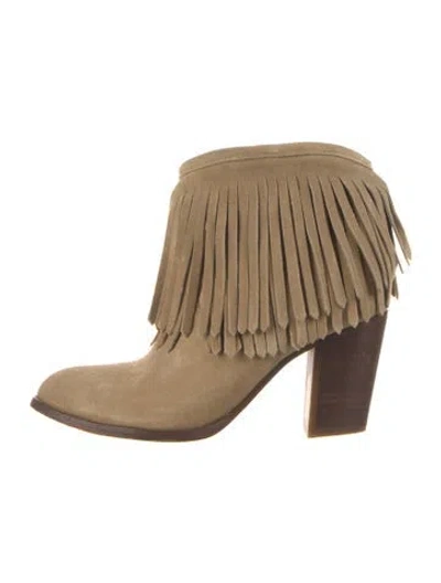 Pre-owned Frye Suede Fringe Trim Accent Western Boots In Neutrals