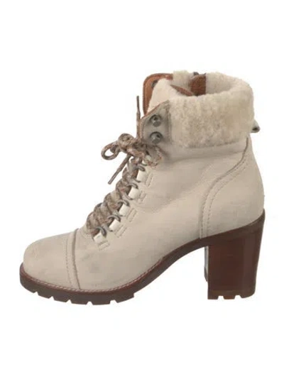 Pre-owned Frye Suede Fur Trim Lace-up Boots In Neutrals