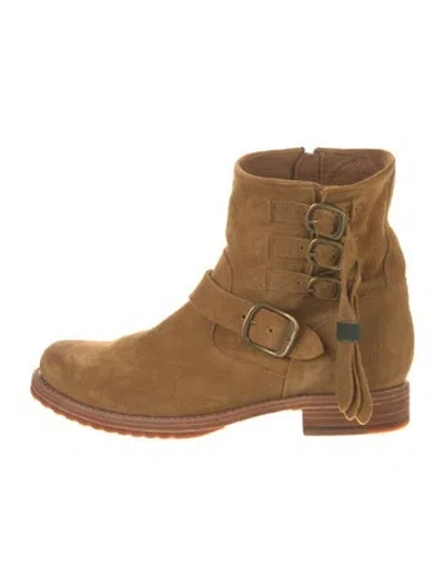 Pre-owned Frye Suede Leather Trim Embellishment Moto Boots In Neutral