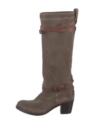 Pre-owned Frye Suede Leather Trim Embellishment Riding Boots In Brown