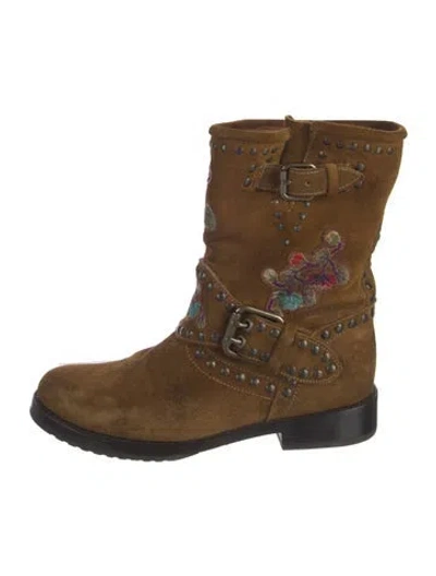 Pre-owned Frye Suede Patterned Moto Boots In Brown