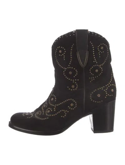 Pre-owned Frye Suede Patterned Western Boots In Black