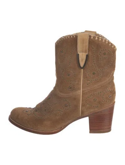 Pre-owned Frye Suede Patterned Western Boots In Brown