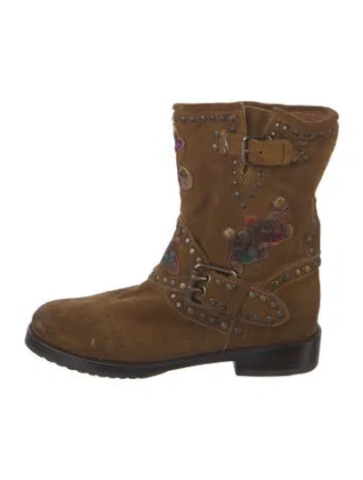 Pre-owned Frye Suede Printed Moto Boots In Brown