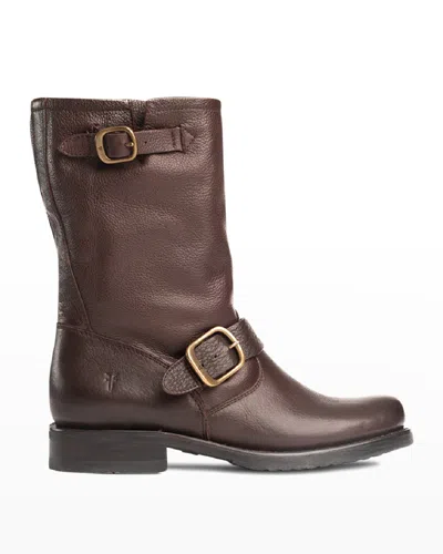 Frye Veronica Leather Buckle Short Moto Boots In Redwood