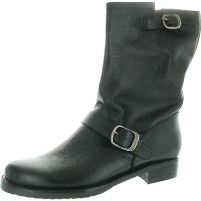 Frye Womens Buckle Leather Motorcycle Boots In Black