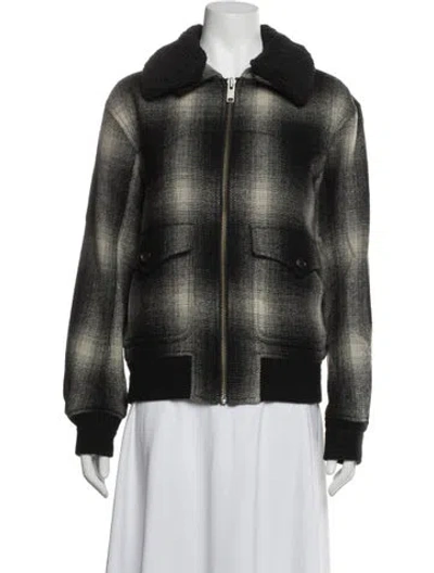 Pre-owned Frye Wool Plaid Print Bomber Jacket In Black