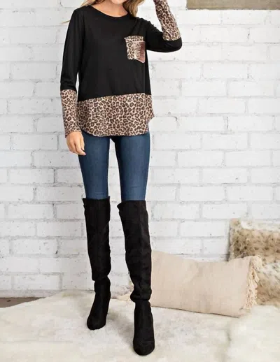 Fsl Apparel Leopard Top With Rose Gold Sequin Pocket In Black