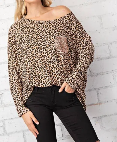 Fsl Apparel Leopard Top With Rose Gold Sequin Pocket In Leopard Print In Animal Print