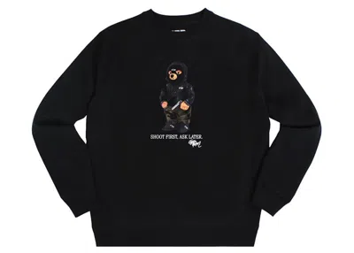 Pre-owned Ftp Men's  Hooded Bear Crewneck Sweatshirt In Black