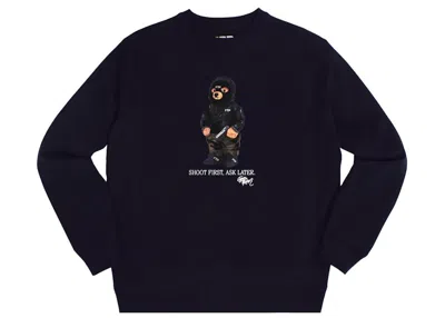 Pre-owned Ftp Men's  Hooded Bear Crewneck Sweatshirt In Navy Blue