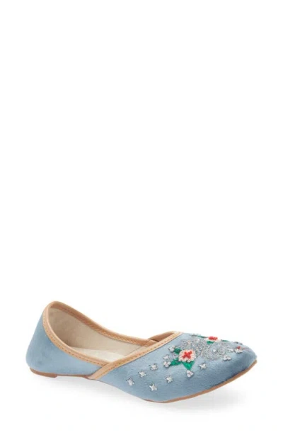 Fuchsia Serpent Rose Embroidered Velvet Jutti Flat In Grey