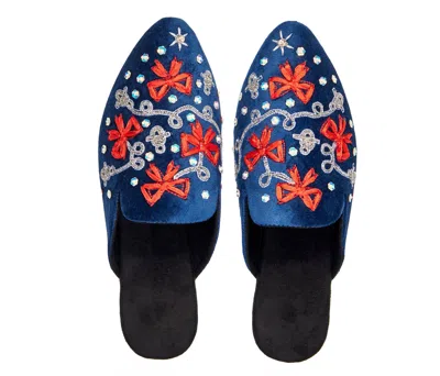 Fuchsia Shoes Women's Blue / Black Holiday Belle Hand Embroidered Velvet Navy Black Mules By