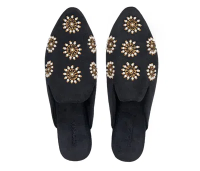 Fuchsia Shoes Women's Galaxy Black - Handmade Pearl Embroidered Luxury Velvet Mules By