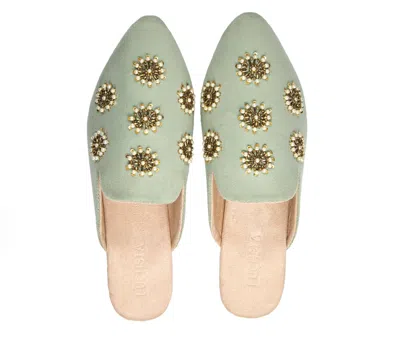 Fuchsia Shoes Women's Galaxy Pastel Green - Handmade Pearl Embroidered Luxury Velvet Pointed Toe Mules By Fuchsia 