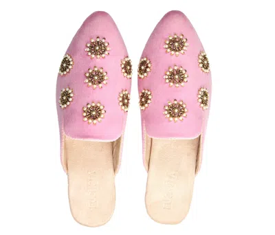 Fuchsia Shoes Women's Galaxy Pastel Pink - Handmade Pearl Embroidered Luxury Velvet Pointed Toe Mules By Fuchsia S