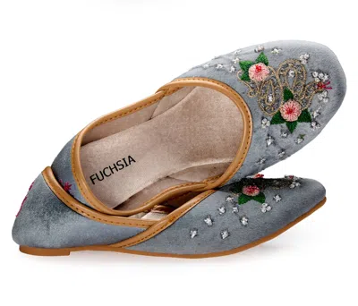 Fuchsia Shoes Women's Grey Serpent Rose - Handcrafted Thread & Sequin Embroidered Velvet Jutti Flats By Fuchsia Sh In Gray