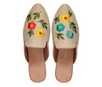 Fuchsia Shoes Women's Neutrals Sunny Meadow - Vegan Handmade Embroidered Floral Jute Mules By  - Beig In Multi