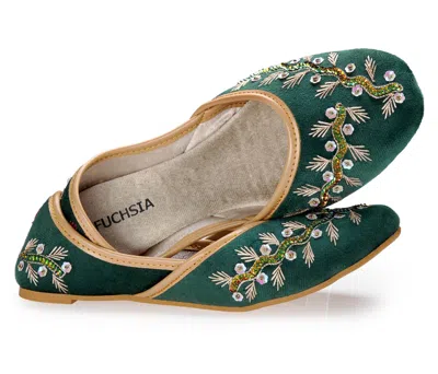 Fuchsia Shoes Women's Rania - Handcrafted Embroidered Velvet Jutti Flats By  - Dark Green