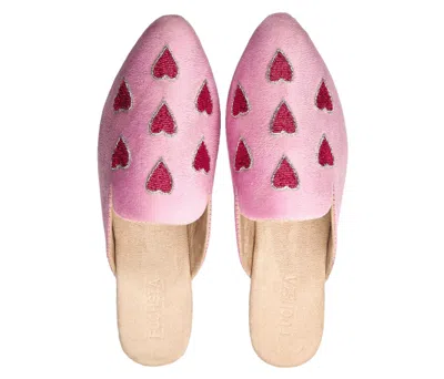 Fuchsia Shoes Women's Red Heart - Handmade Heart Embroidered Pink Velvet Mules By