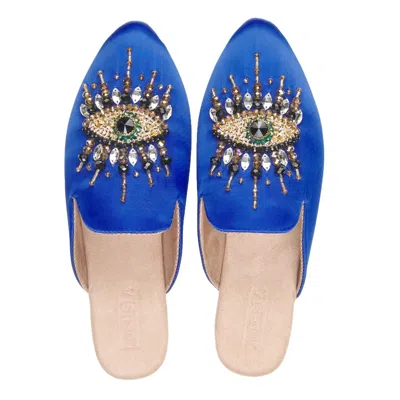 Fuchsia Shoes Women's The Good Eye - Azure Spark Hand Embroidered Satin Mules By  - Blue