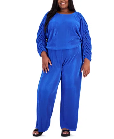 Full Circle Trends Juniors' Plisse Ruched-sleeve Top & Pants In Dazzling Blue
