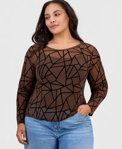 Full Circle Trends Plus Size Flocked Mesh Long-sleeve Crewneck Top In Brown