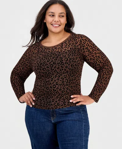 Full Circle Trends Plus Size Flocked Mesh Long-sleeve Crewneck Top In Brown