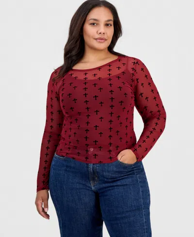 Full Circle Trends Plus Size Flocked Mesh Long-sleeve Crewneck Top In Multi
