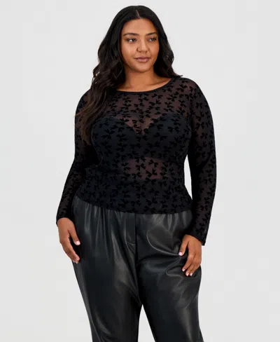 Full Circle Trends Plus Size Flocked Mesh Long-sleeve Crewneck Top In Multi