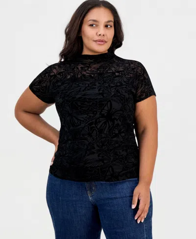 Full Circle Trends Plus Size Flocked Mesh Side-ruched Mock Neck Top In Multi