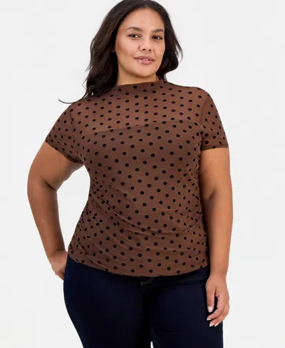 Full Circle Trends Plus Size Flocked Mesh Side-ruched Mock Neck Top In Multi