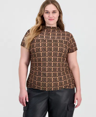Full Circle Trends Plus Size Flocked Mesh Side-ruched Mock Neck Top In Multi