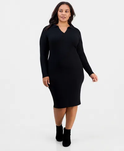 Full Circle Trends Plus Size Long-sleeve Bodycon Polo Collar V-neck Rayon-polyester Blend Midi Dress In Black