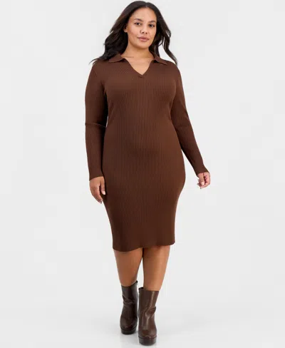Full Circle Trends Plus Size Long-sleeve Bodycon Polo Collar V-neck Rayon-polyester Blend Midi Dress In Multi